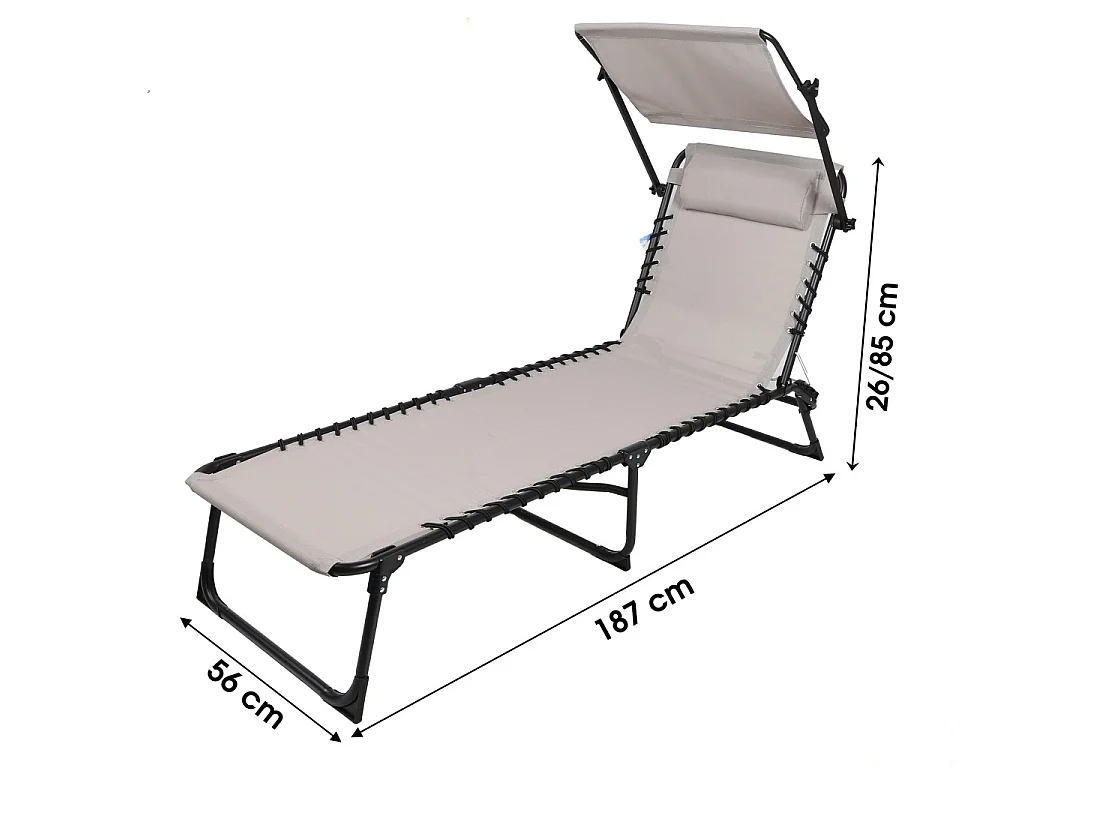 Set von 2 Sonnenliegen mit Sonnenschirm-Ablage und Kissen – 187x56x85 cm – Schwarzes Metall – Taupe Leinwand