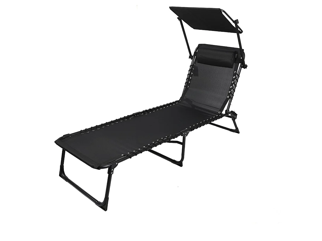 Set aus 2 Sonnenliegen mit Sonnenschirmhalter und Kissen – 187x56x85 cm – Schwarzes Metall – Schwarzer Stoff