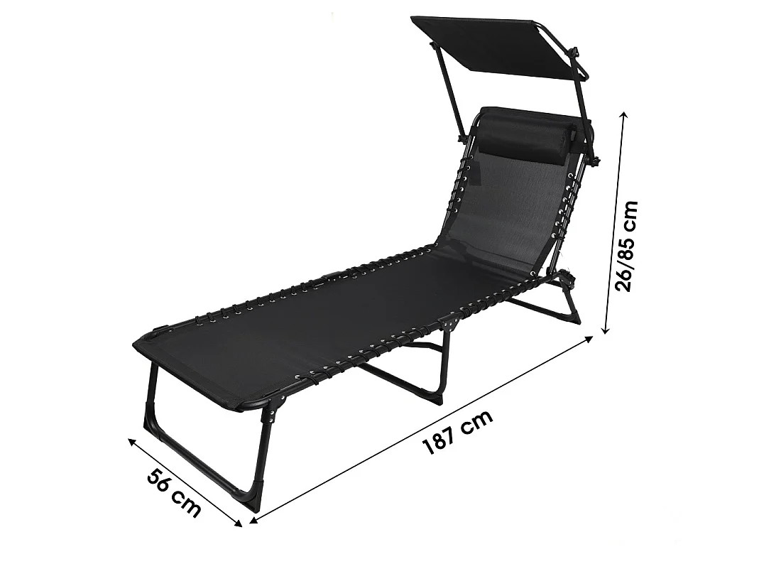 Set aus 2 Sonnenliegen mit Sonnenschirmhalter und Kissen – 187x56x85 cm – Schwarzes Metall – Schwarzer Stoff