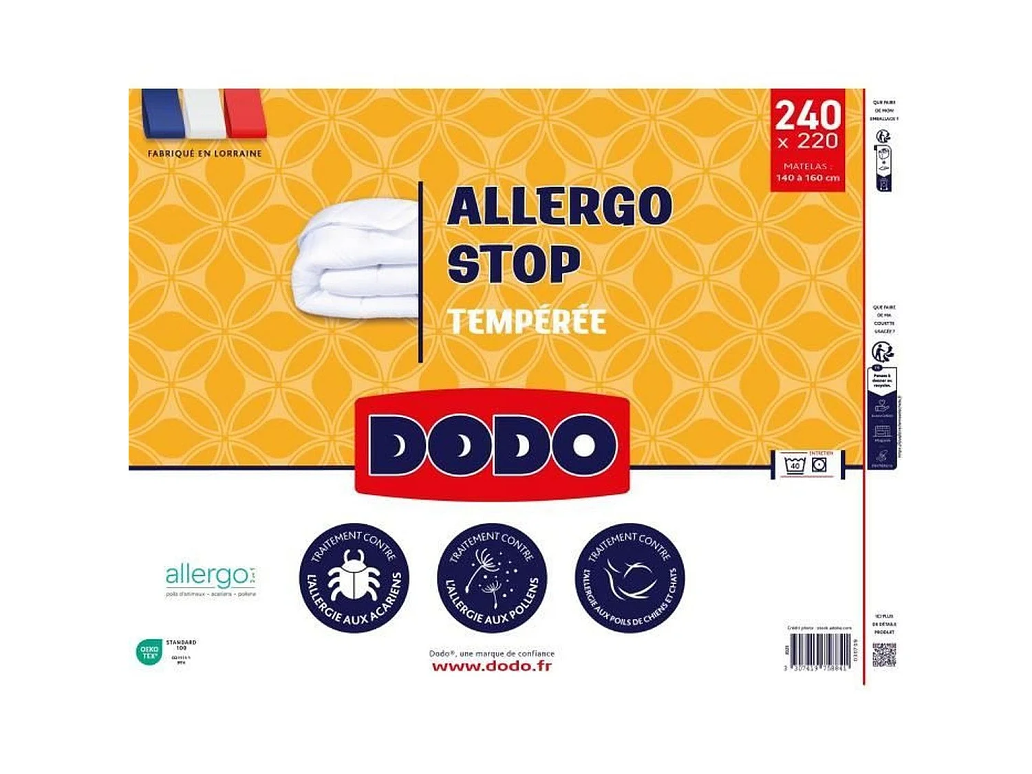Edredón templado DODO ALLERGO STOP 300 g/m² - 220 x 240 cm - Blanco - Anti-Alérgico - Certificado OEKO-TEX