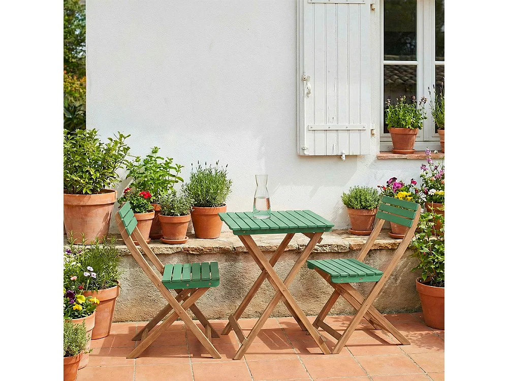 Dana - Set bistrot pliant de jardin 2 personnes en bois - Vert