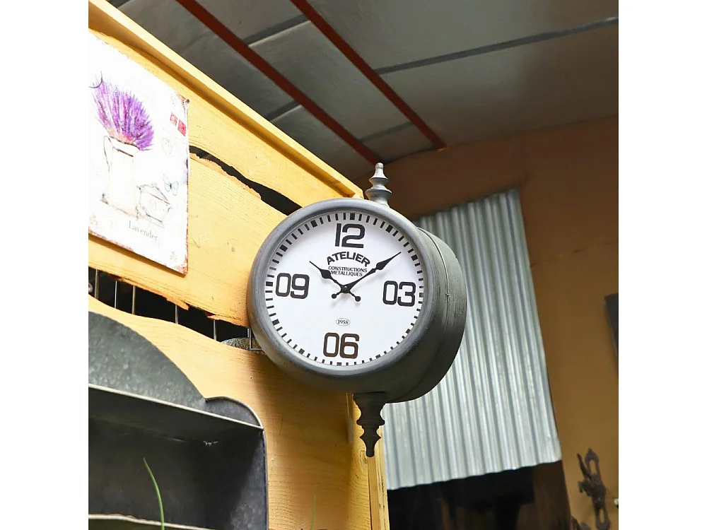 Horloge murale décorative gare double face vintage métal gris 57 cm