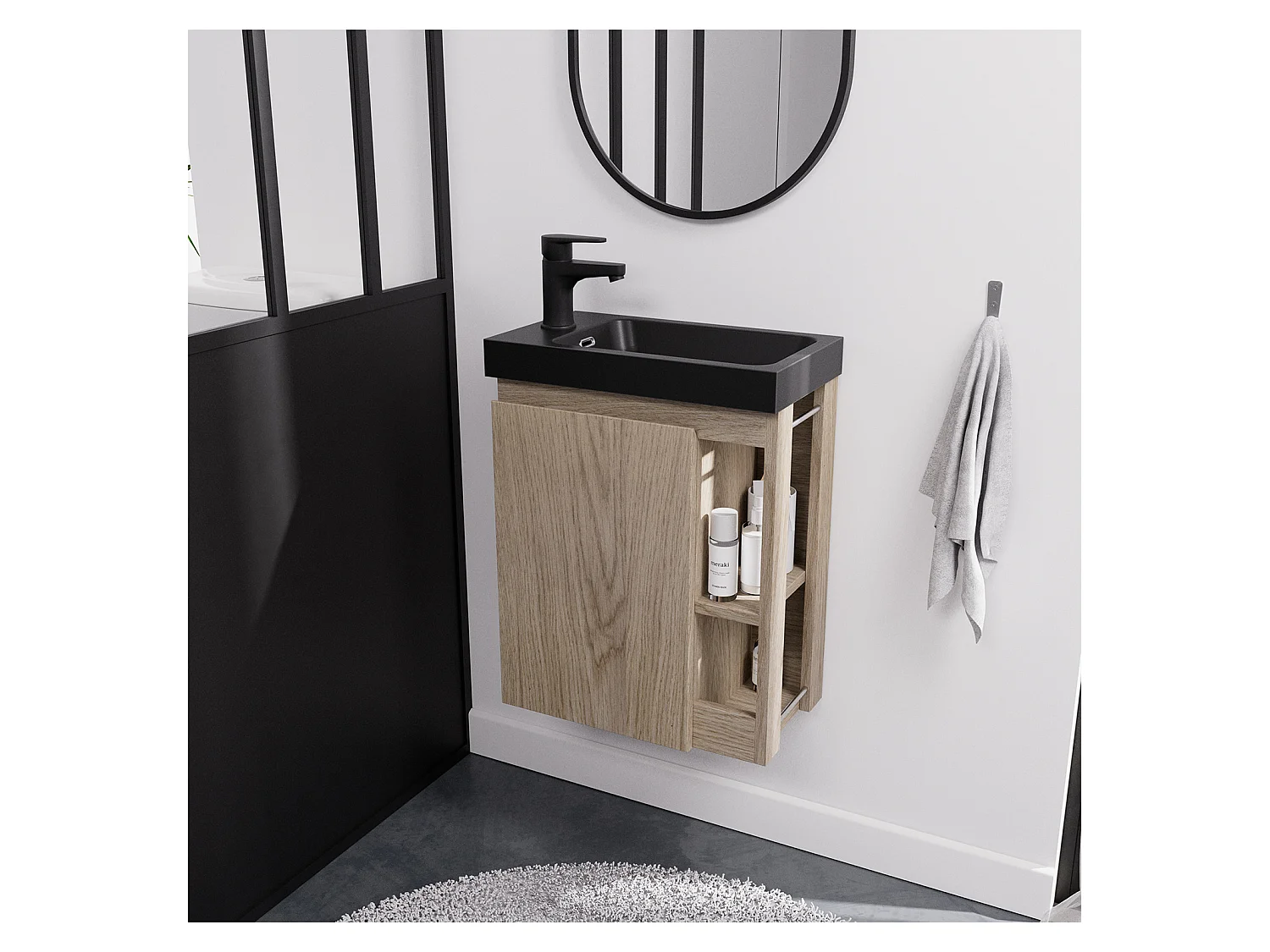 Szafka pod umywalkę wiszącą MILTON, dł. 41,5 x gł. 23,5 cm, prostokątna, dąb, z czarną umywalką