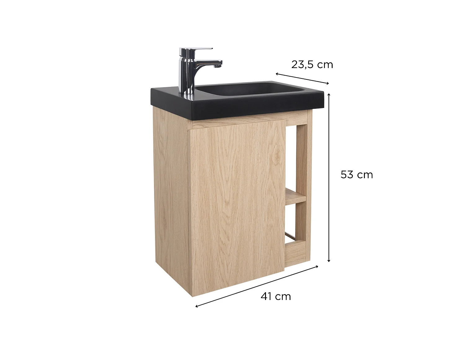 Szafka pod umywalkę wiszącą MILTON, dł. 41,5 x gł. 23,5 cm, prostokątna, dąb, z czarną umywalką