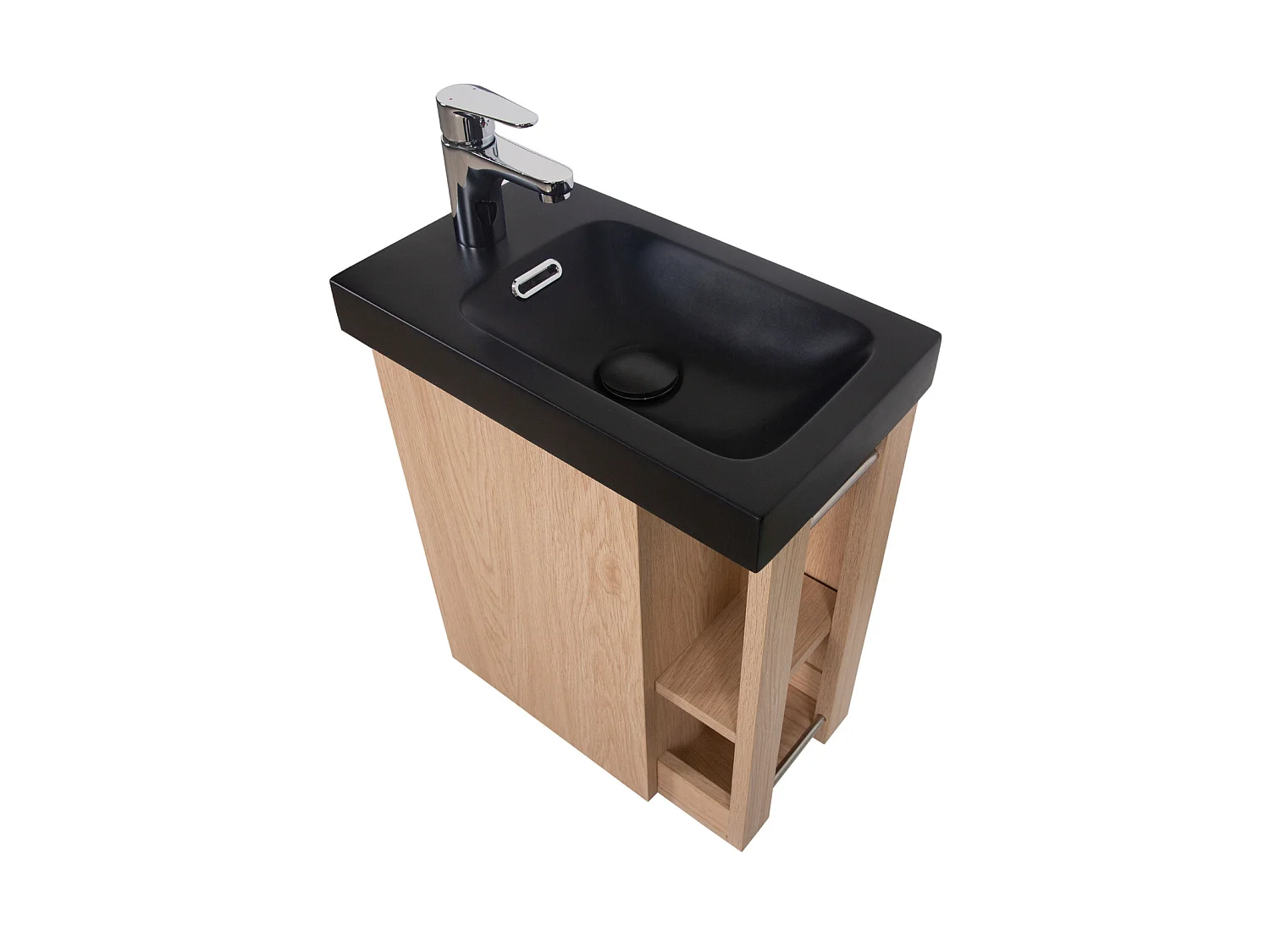 Szafka pod umywalkę wiszącą MILTON, dł. 41,5 x gł. 23,5 cm, prostokątna, dąb, z czarną umywalką
