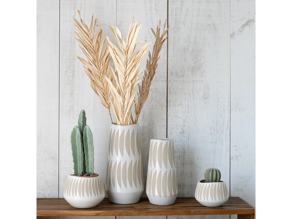 Vase Déco en Grès "Kai" 40cm Beige & Blanc