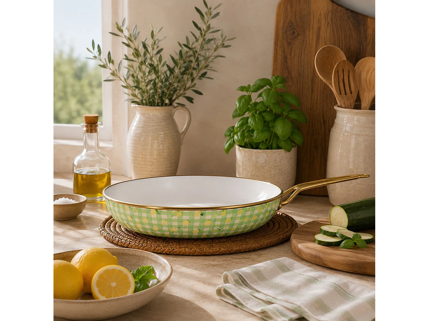 Menastyl - Poele Vichy Citron 28cm En Acier émaillé