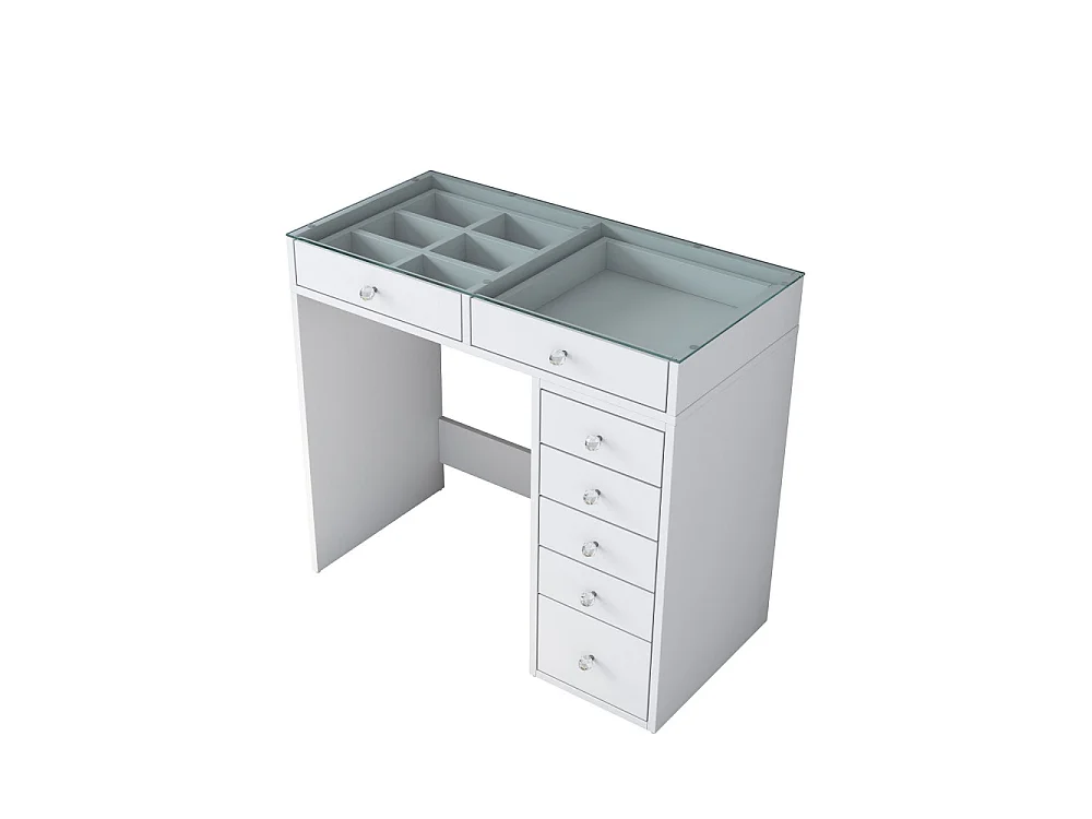 Tiya - Coiffeuse 7 tiroirs avec plateau en verre L90cm - Blanc