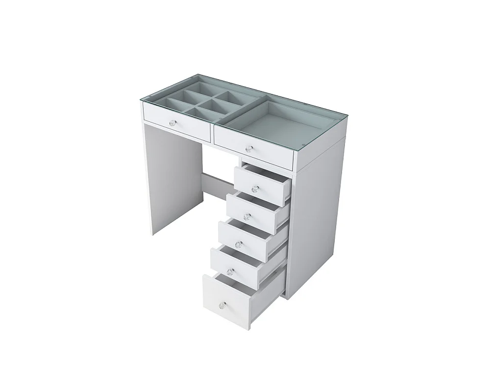 Tiya - Coiffeuse 7 tiroirs avec plateau en verre L90cm - Blanc