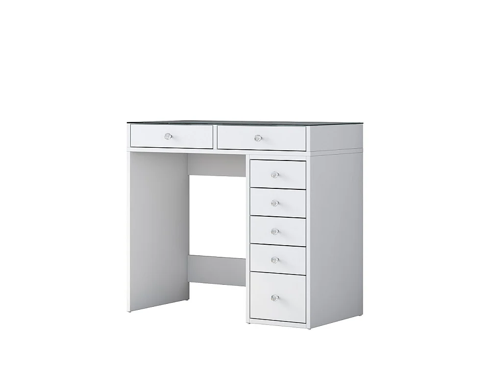 Tiya - Coiffeuse 7 tiroirs avec plateau en verre L90cm - Blanc