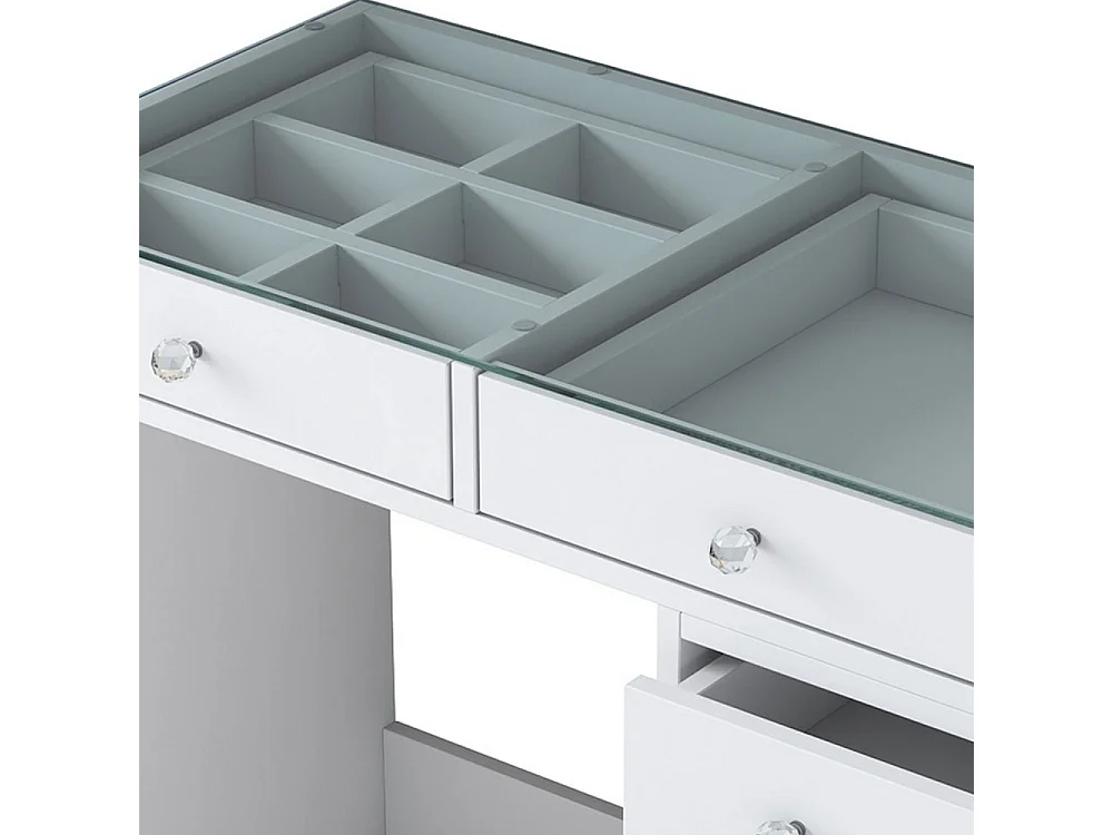 Tiya - Coiffeuse 7 tiroirs avec plateau en verre L90cm - Blanc