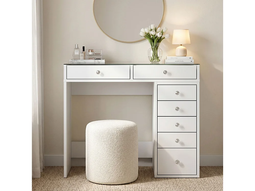 Tiya - Coiffeuse 7 tiroirs avec plateau en verre L90cm - Blanc