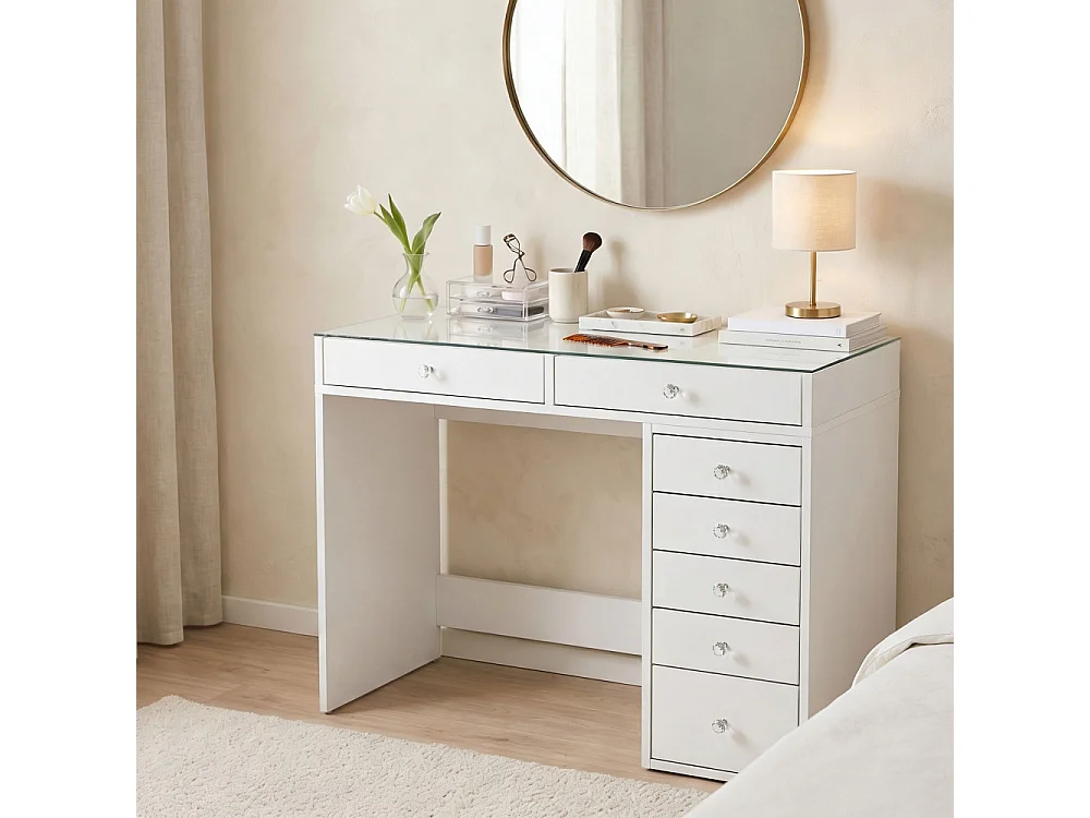 Tiya - Coiffeuse 7 tiroirs avec plateau en verre L90cm - Blanc