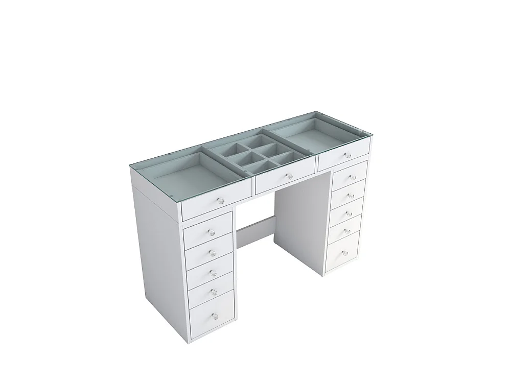 Tiya - Coiffeuse 13 tiroirs avec plateau en verre L120cm - Blanc