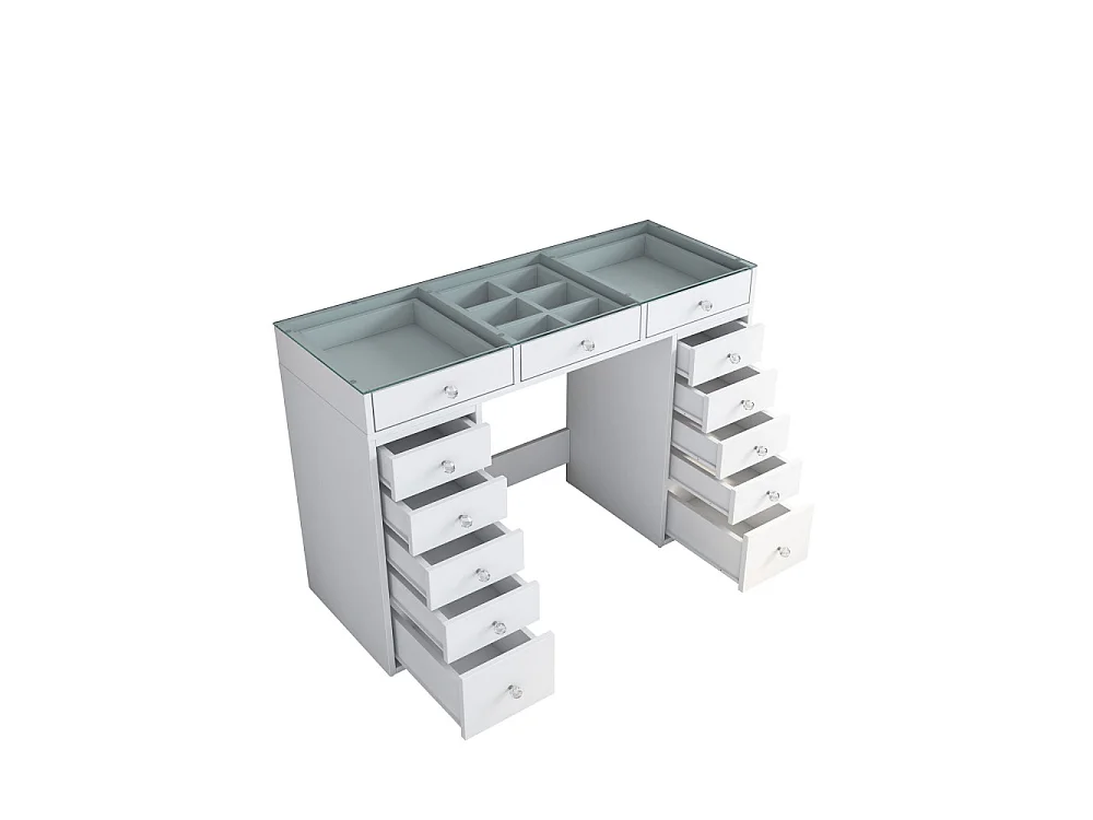 Tiya - Coiffeuse 13 tiroirs avec plateau en verre L120cm - Blanc