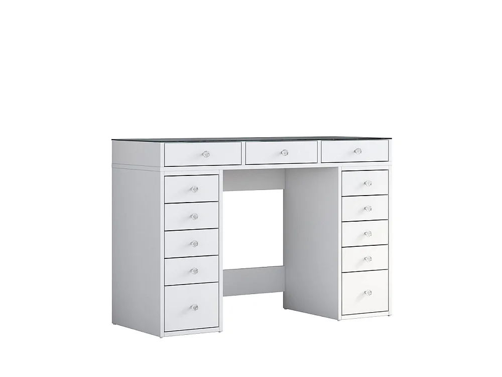 Tiya - Coiffeuse 13 tiroirs avec plateau en verre L120cm - Blanc