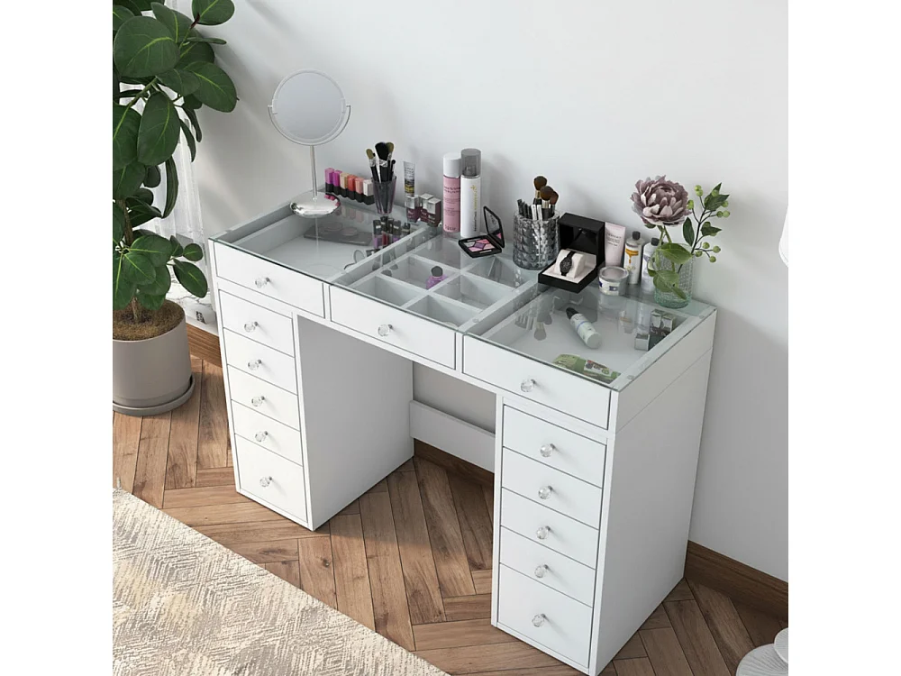 Tiya - Coiffeuse 13 tiroirs avec plateau en verre L120cm - Blanc