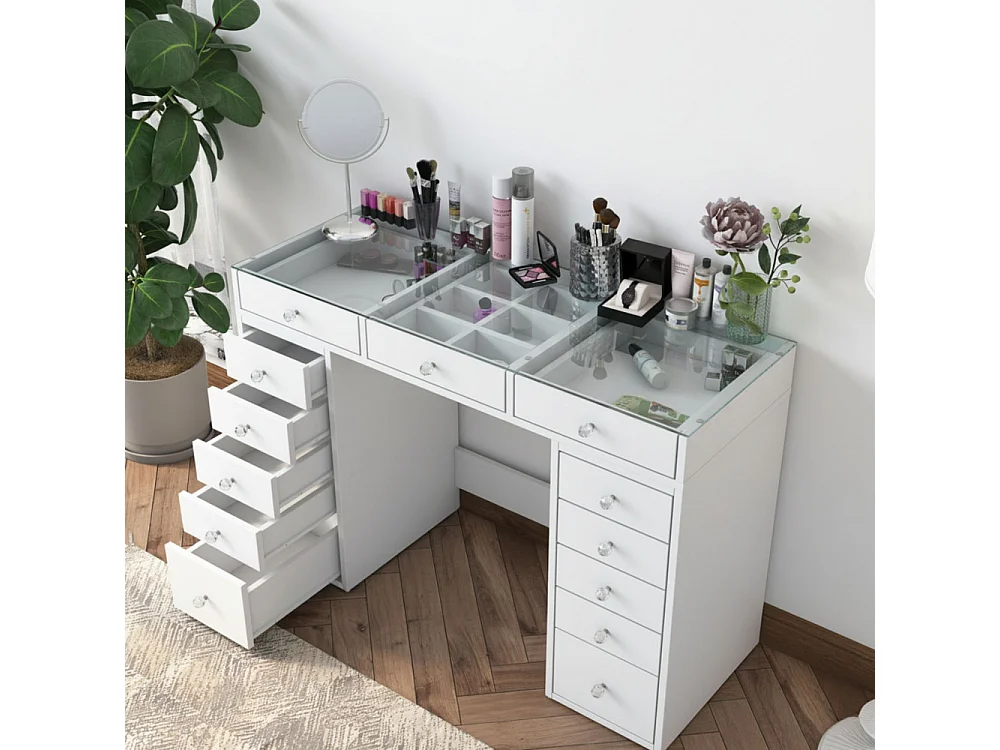 Tiya - Coiffeuse 13 tiroirs avec plateau en verre L120cm - Blanc