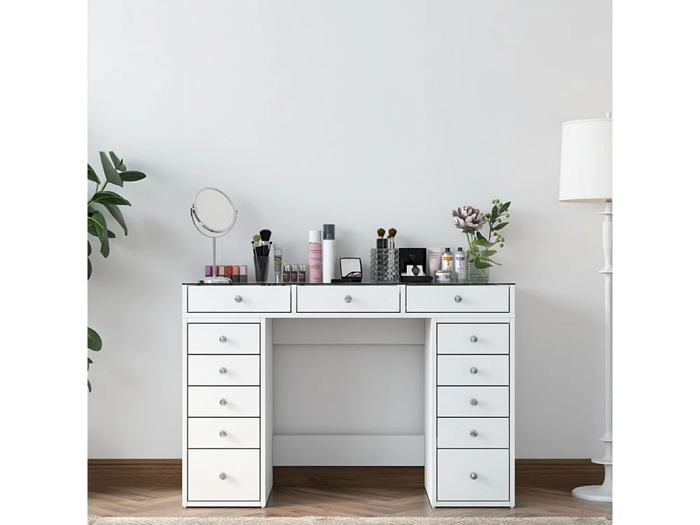 Tiya - Coiffeuse 13 tiroirs avec plateau en verre L120cm - Blanc