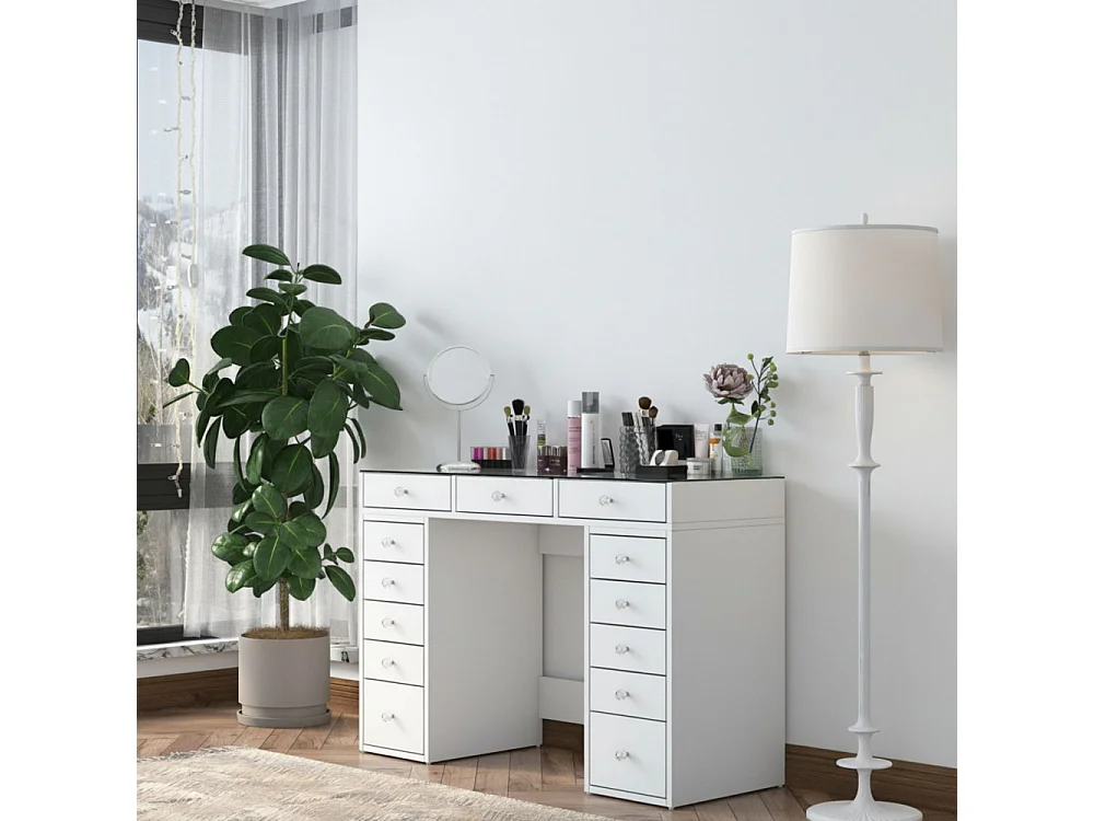 Tiya - Coiffeuse 13 tiroirs avec plateau en verre L120cm - Blanc