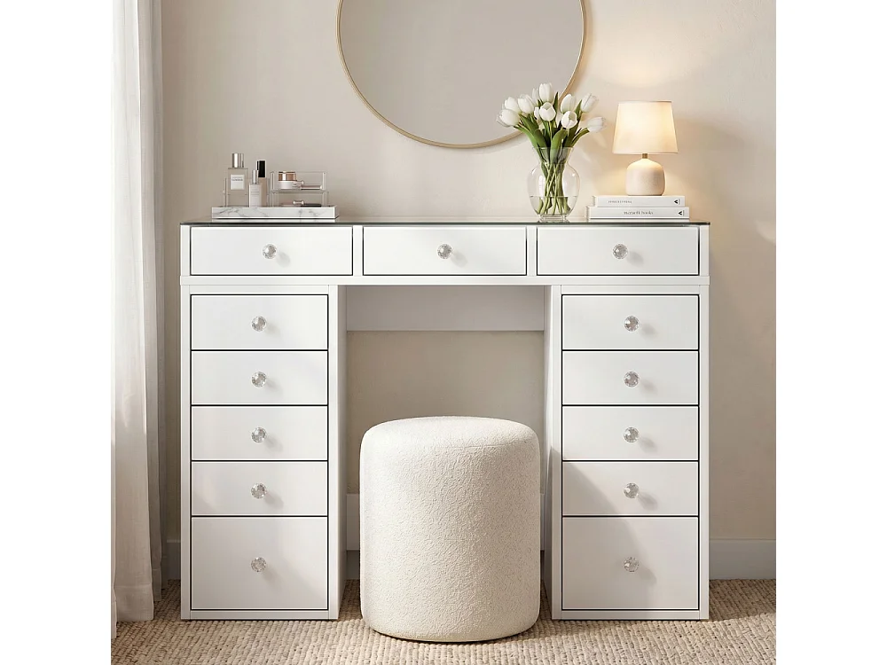 Tiya - Coiffeuse 13 tiroirs avec plateau en verre L120cm - Blanc