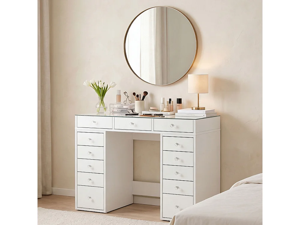 Tiya - Coiffeuse 13 tiroirs avec plateau en verre L120cm - Blanc