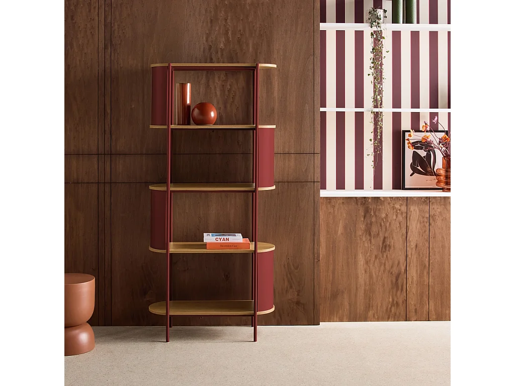 Libreria in metallo curvato e legno a 5 livelli, rosso
