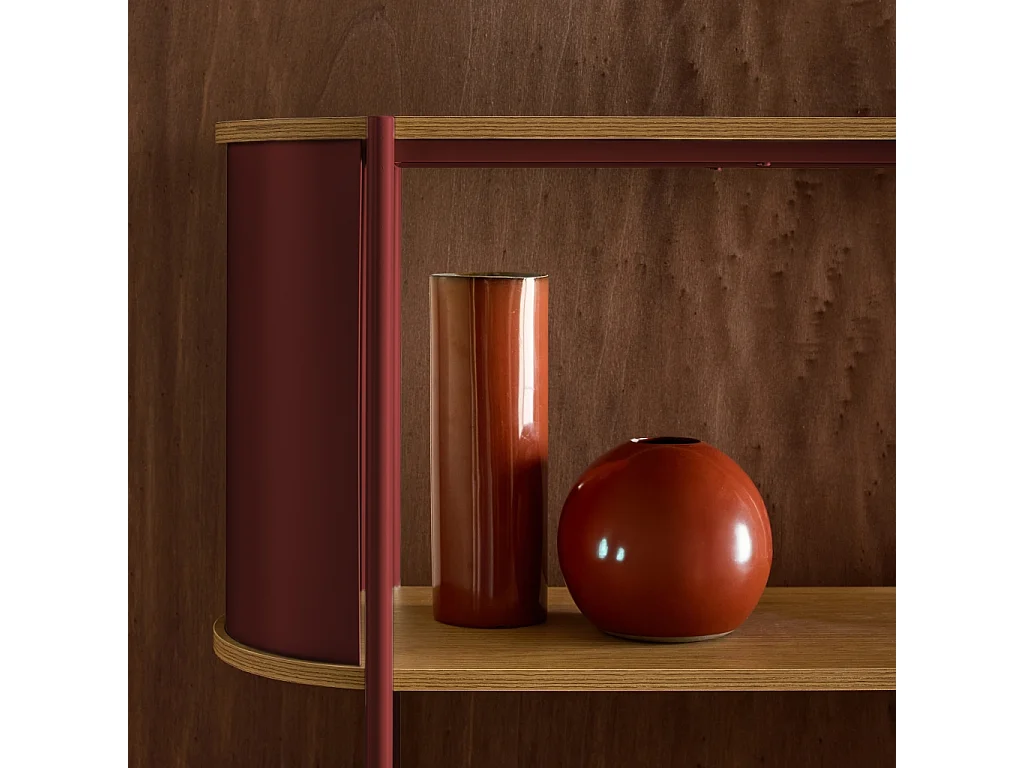 Libreria in metallo curvato e legno a 5 livelli, rosso