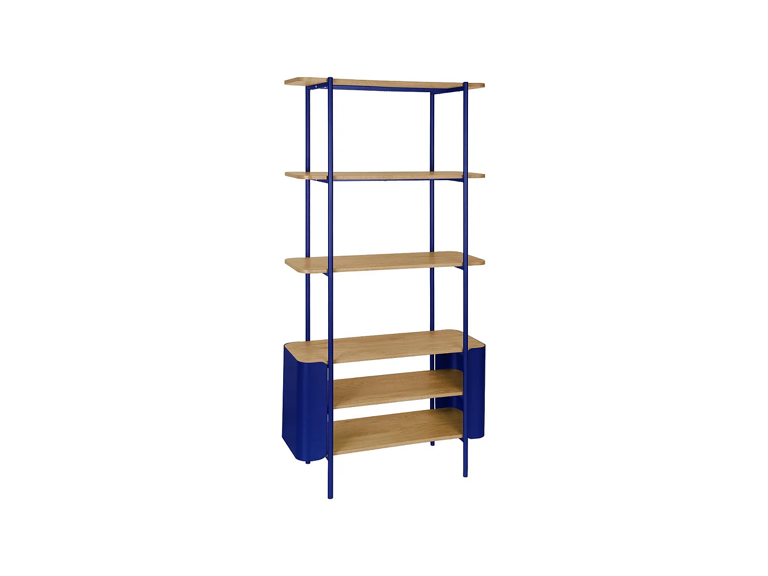 Libreria in metallo curvato e legno a 6 livelli, blu