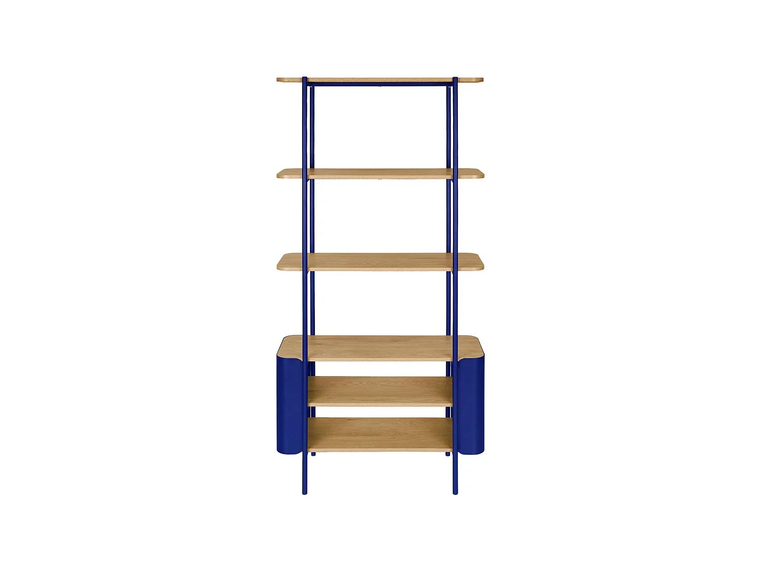 Libreria in metallo curvato e legno a 6 livelli, blu