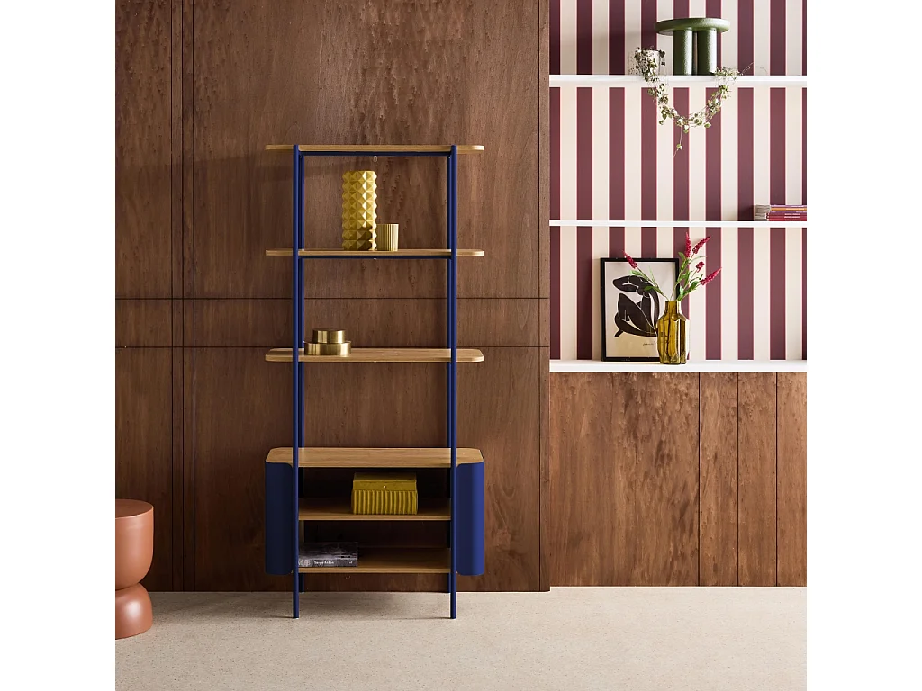 Libreria in metallo curvato e legno a 6 livelli, blu