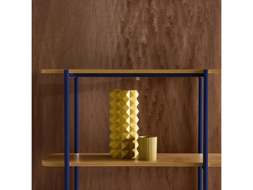 Libreria in metallo curvato e legno a 6 livelli, blu