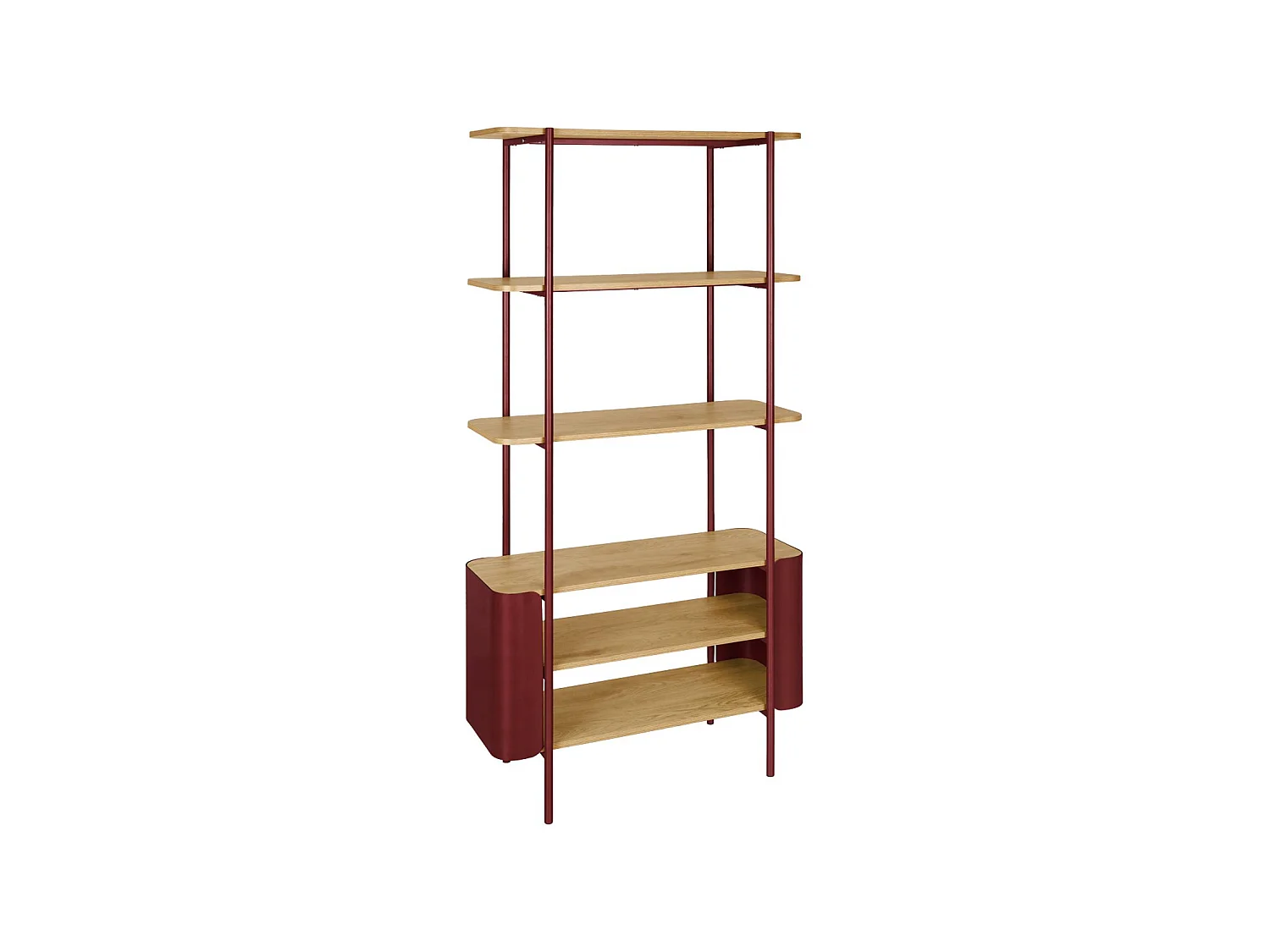 Libreria in metallo curvato e legno a 6 livelli, rosso