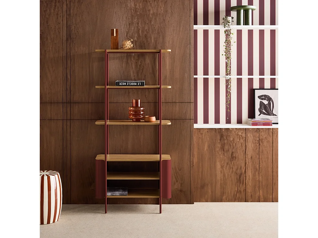 Libreria in metallo curvato e legno a 6 livelli, rosso