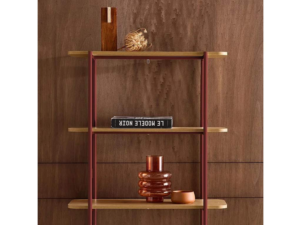 Libreria in metallo curvato e legno a 6 livelli, rosso