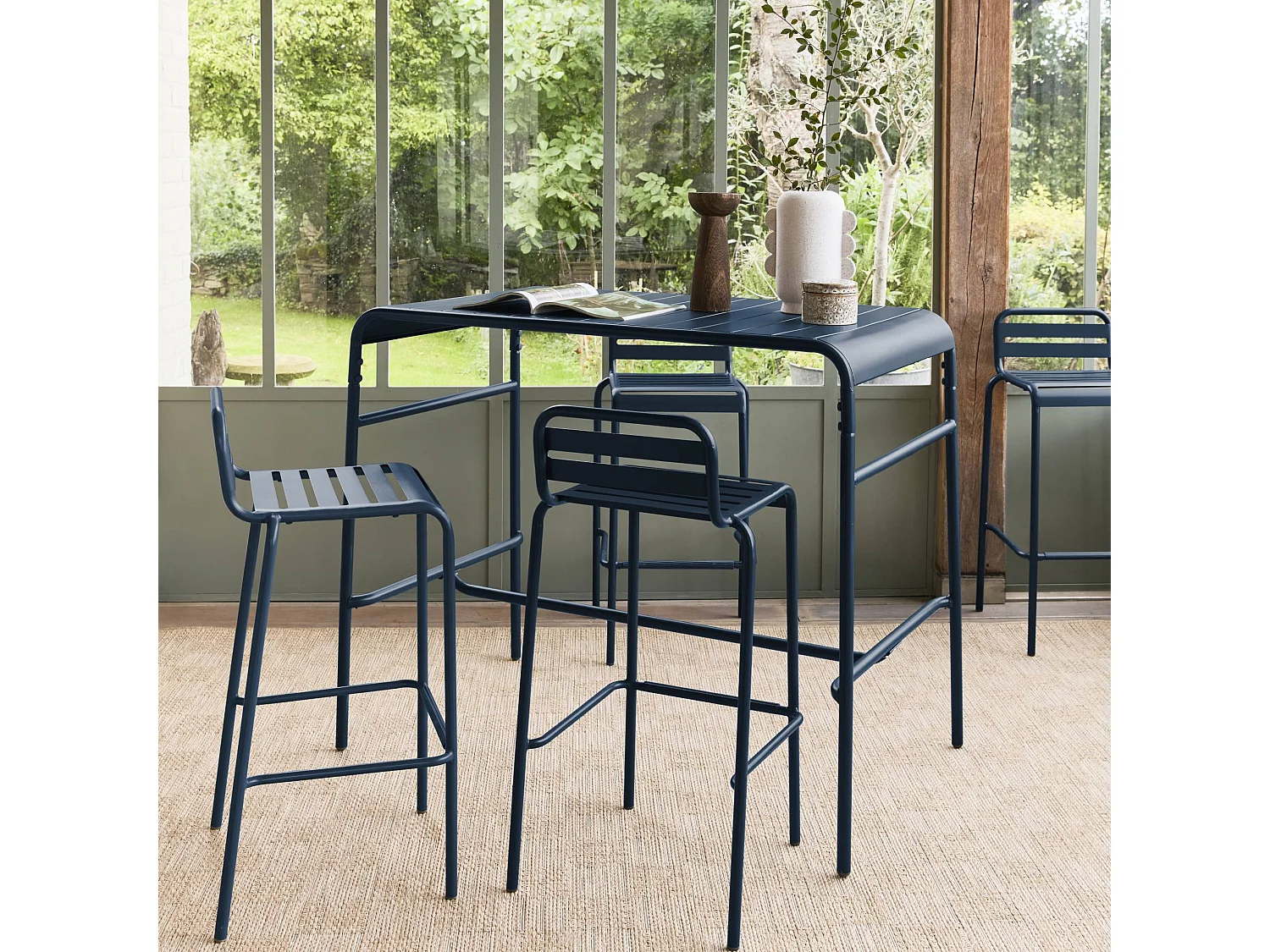 Set tavolo alto da giardino in acciaio con 4 sgabelli, 120cm, blu navy