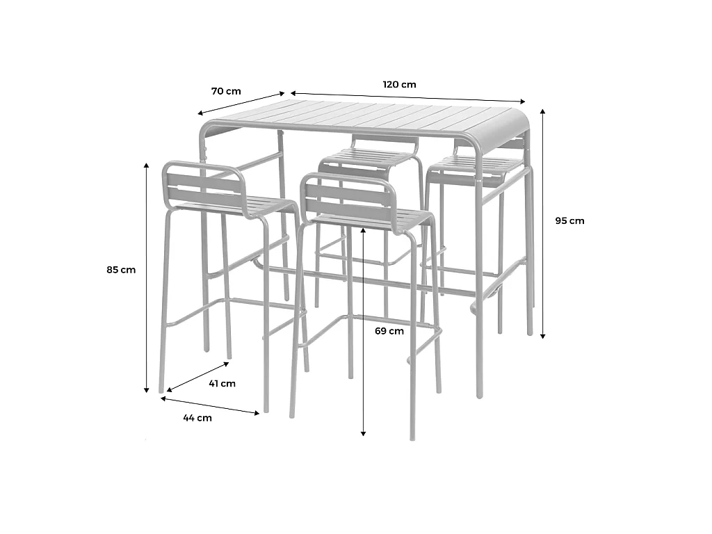Set tavolo alto da giardino in acciaio con 4 sgabelli, 120cm, blu navy