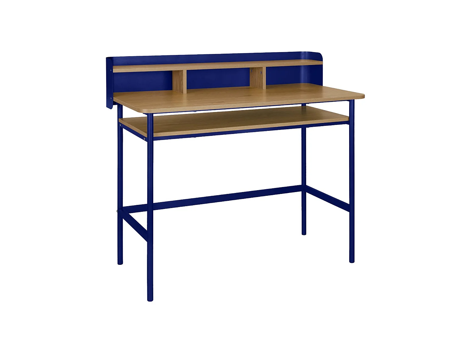 Escritorio de metal y decoración de madera con 3 nichos azul