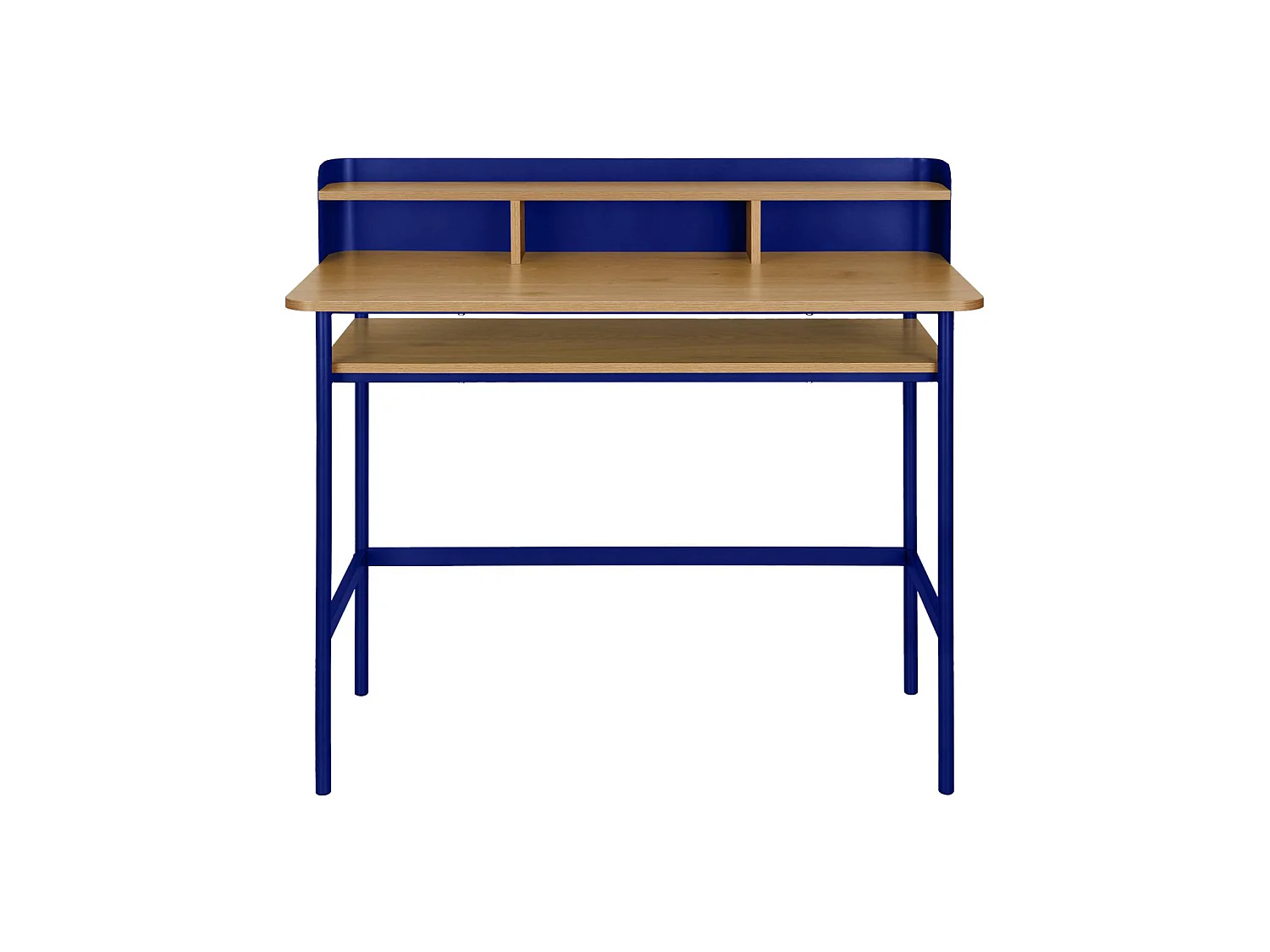 Escritorio de metal y decoración de madera con 3 nichos azul