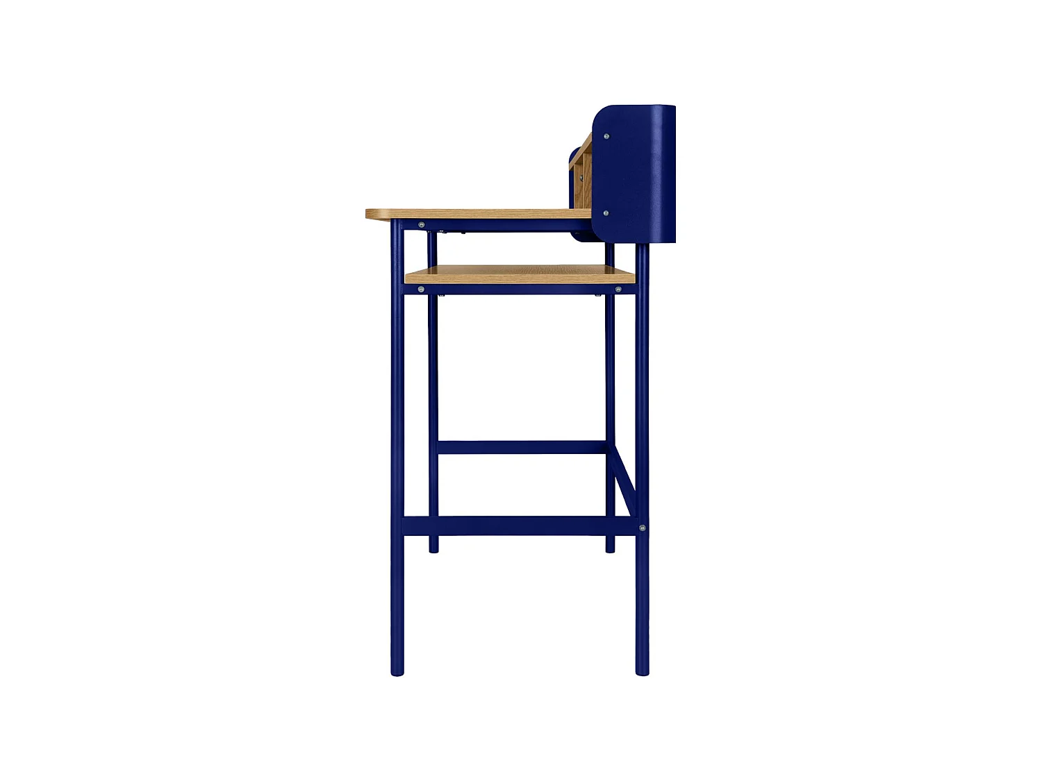 Escritorio de metal y decoración de madera con 3 nichos azul
