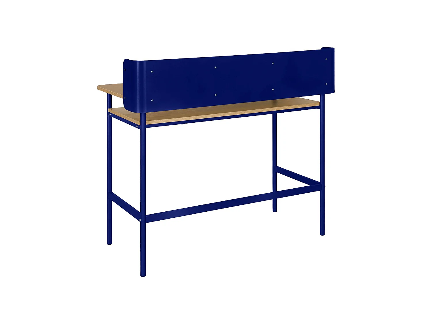 Escritorio de metal y decoración de madera con 3 nichos azul