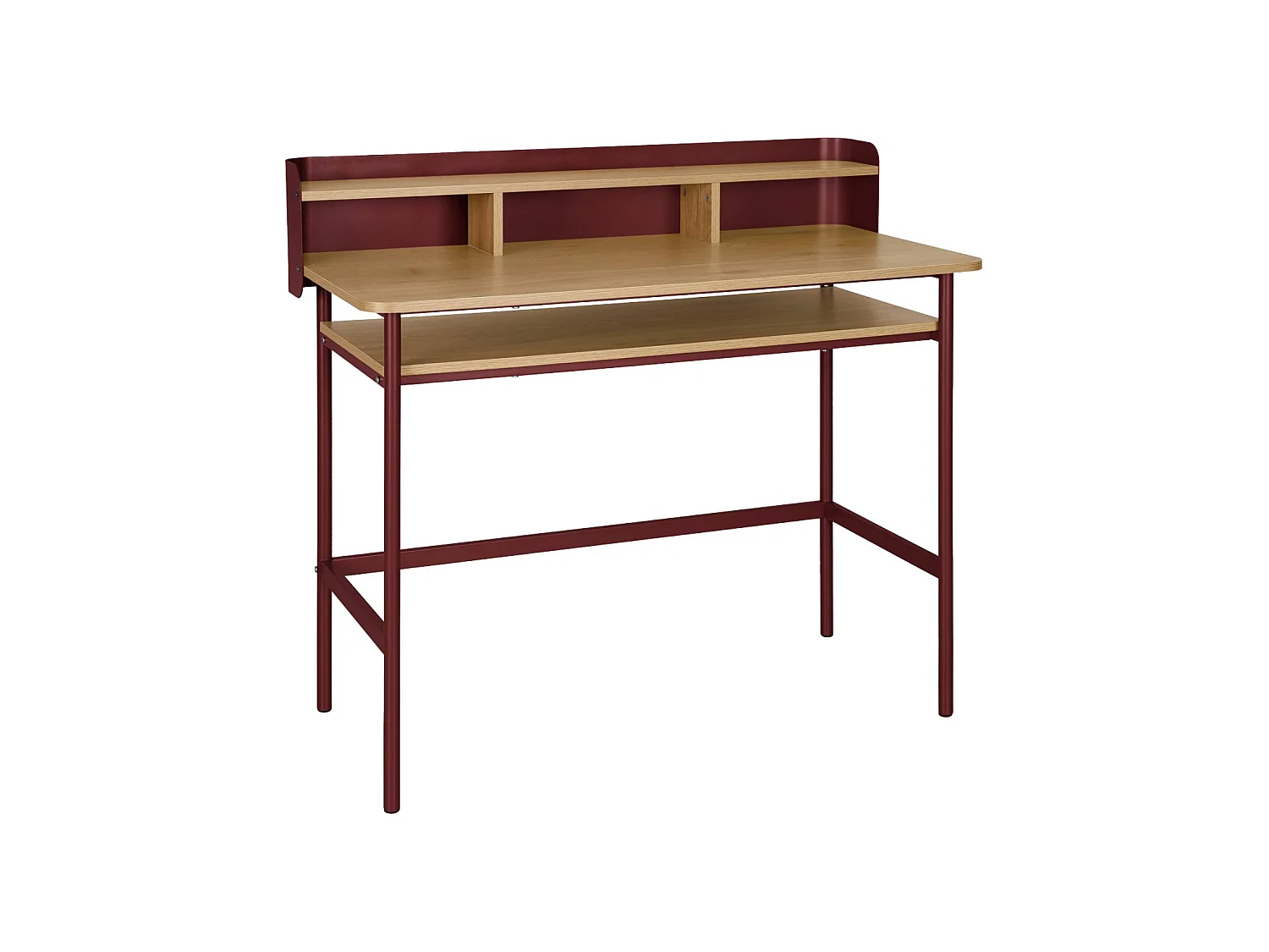 Escritorio de metal y decoración de madera con 3 nichos rojo