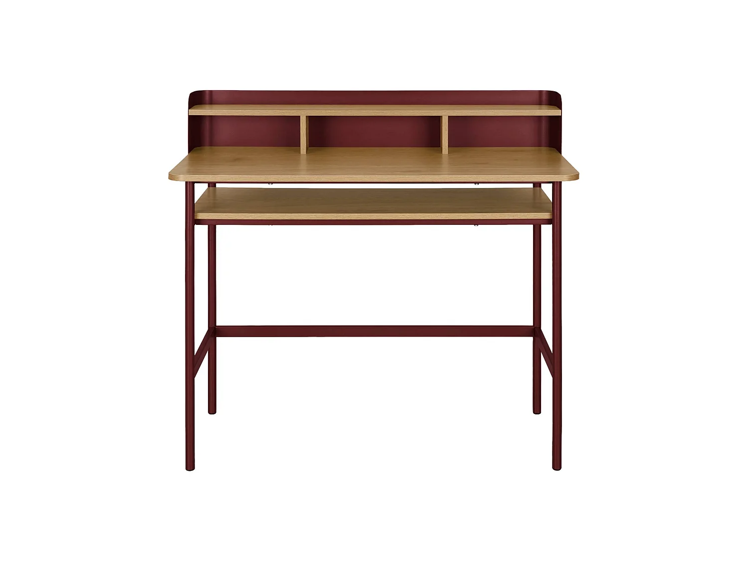 Escritorio de metal y decoración de madera con 3 nichos rojo