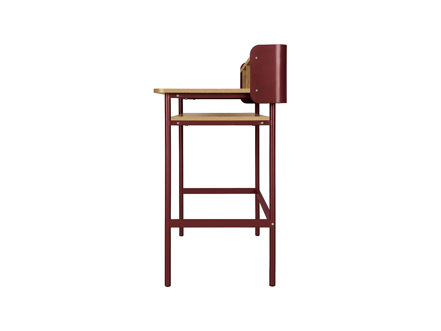 Escritorio de metal y decoración de madera con 3 nichos rojo