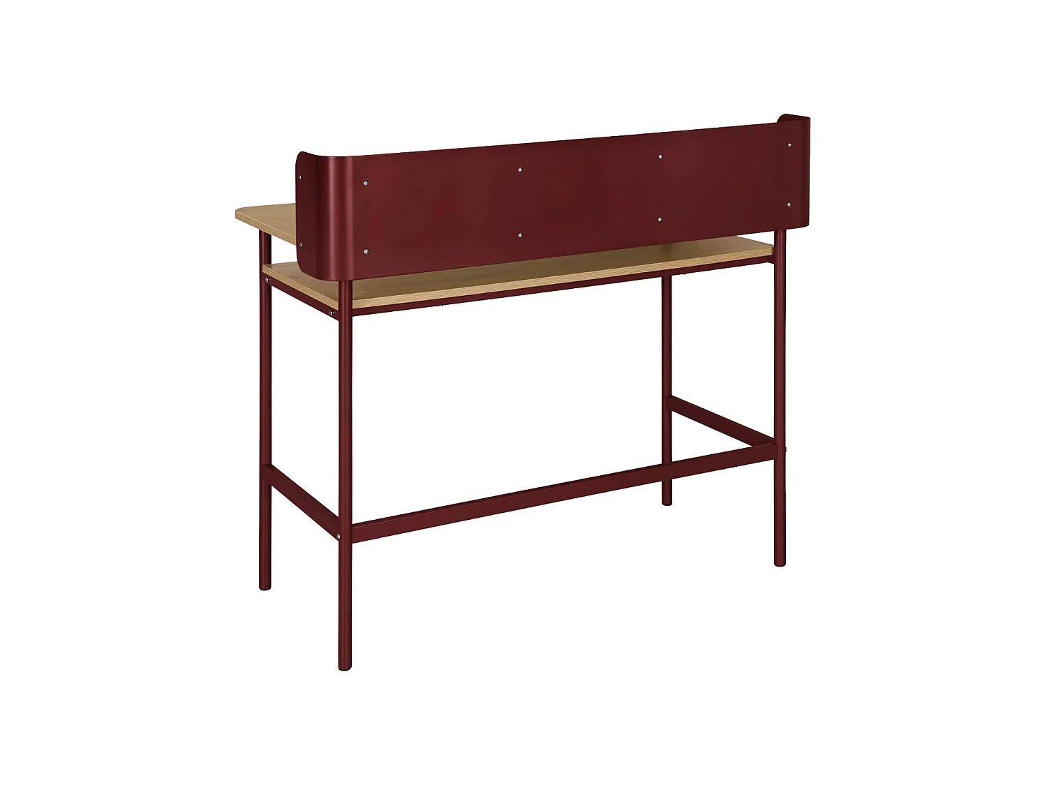 Escritorio de metal y decoración de madera con 3 nichos rojo
