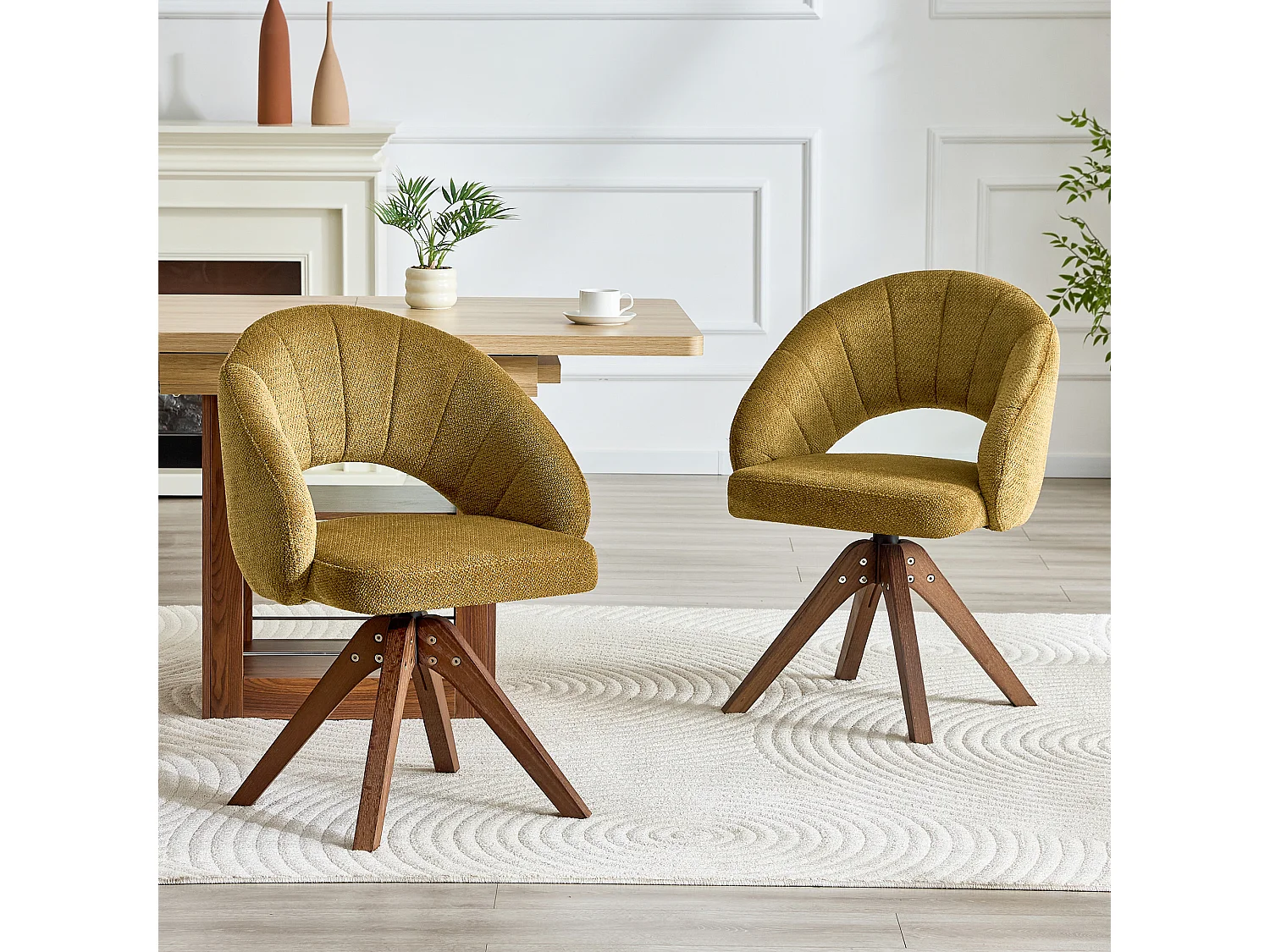 Lot de 2 chaises de salle à manger pivotantes en tissu texturé gingembre avec pieds en bois massif noyer