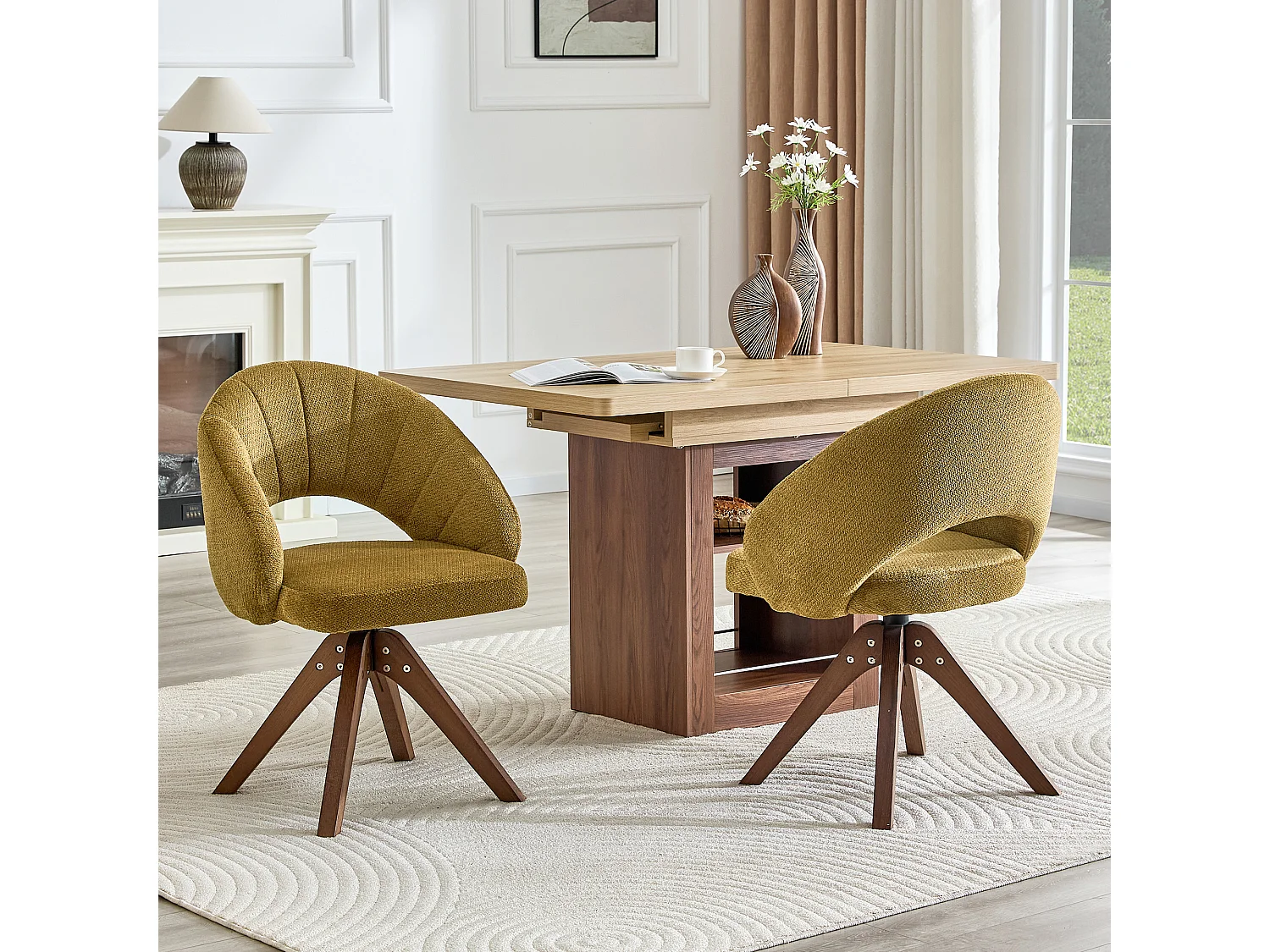 Lot de 2 chaises de salle à manger pivotantes en tissu texturé gingembre avec pieds en bois massif noyer