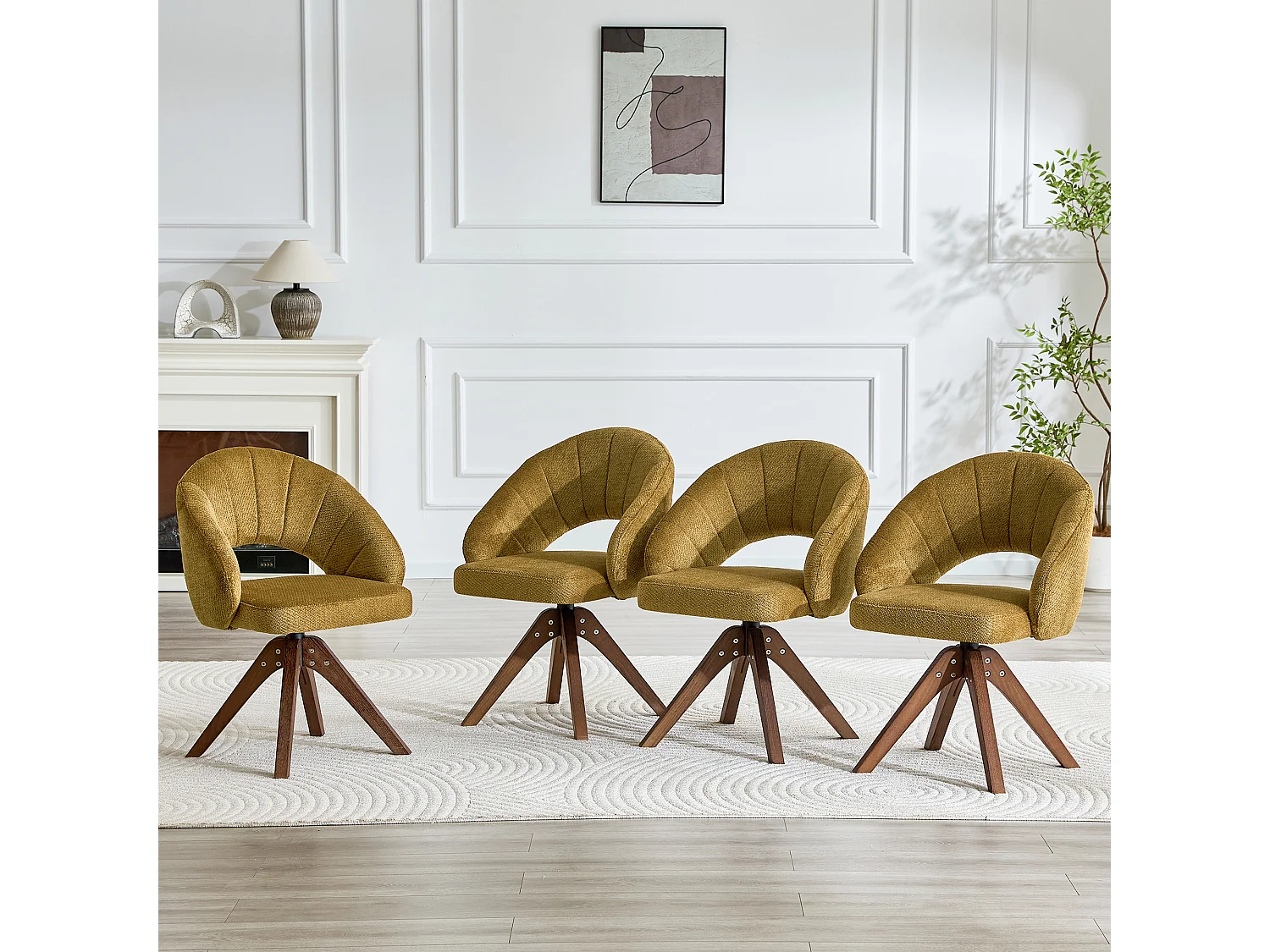 Lot de 2 chaises de salle à manger pivotantes en tissu texturé gingembre avec pieds en bois massif noyer