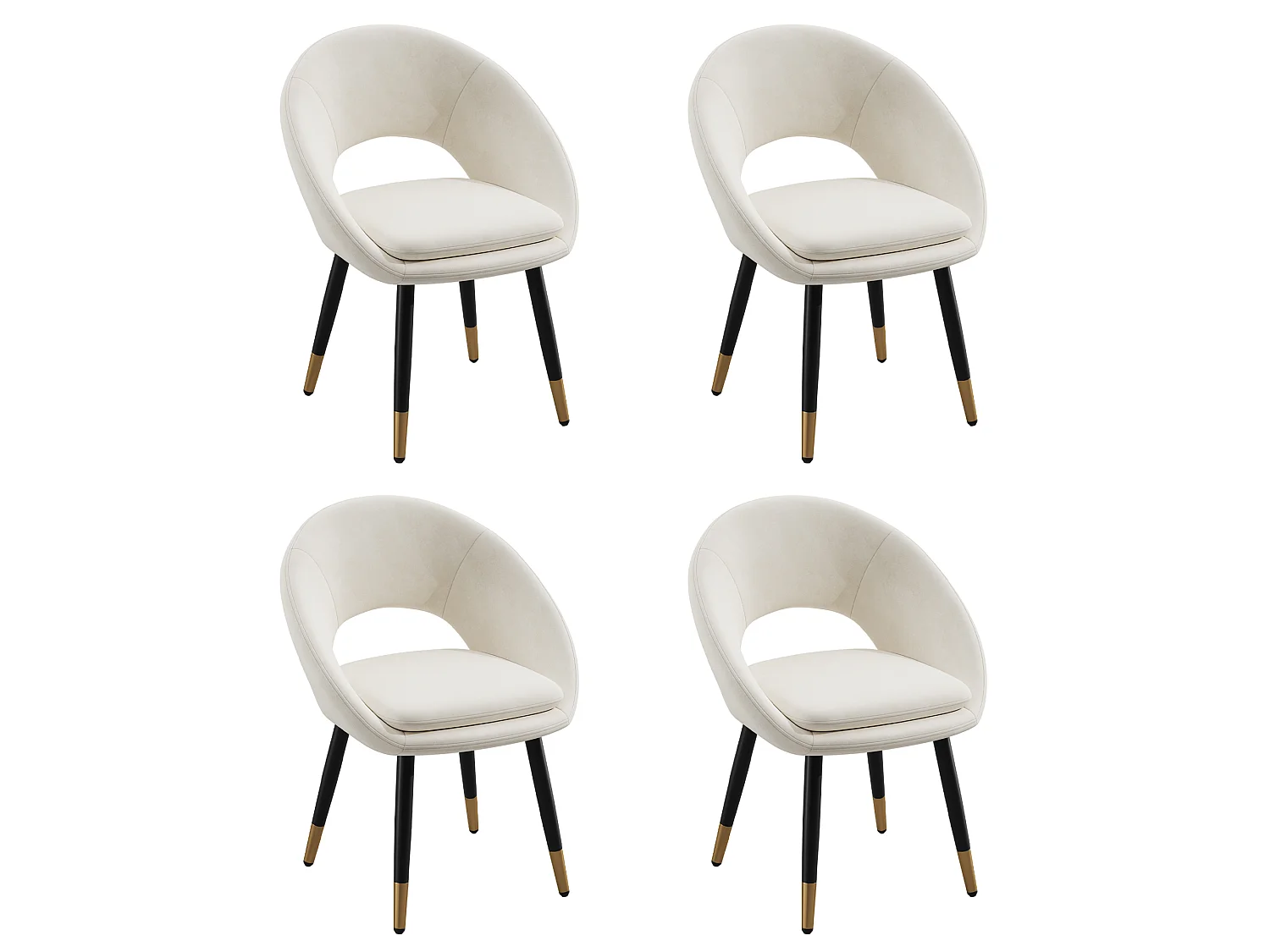 Juego de 4 sillas de comedor de terciopelo con respaldo anillado y patas negras y doradas, color beige