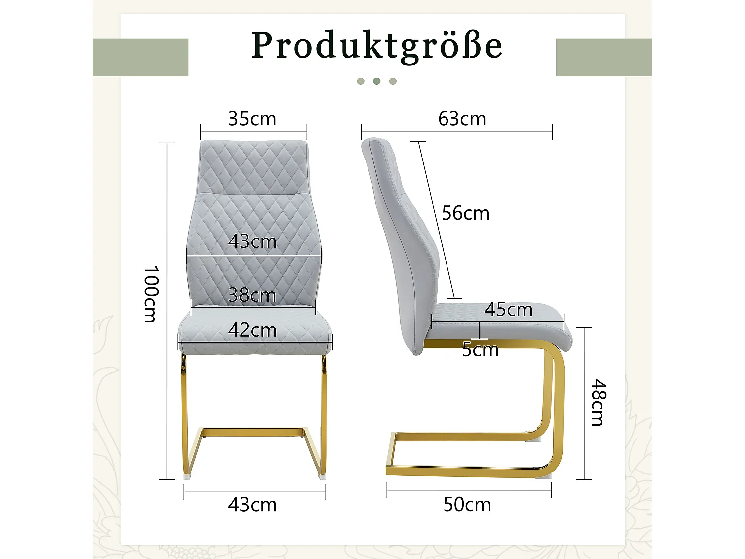 Lot de 2 chaises de salle à manger à dossier haut en similicuir gris clair avec cadre en métal doré